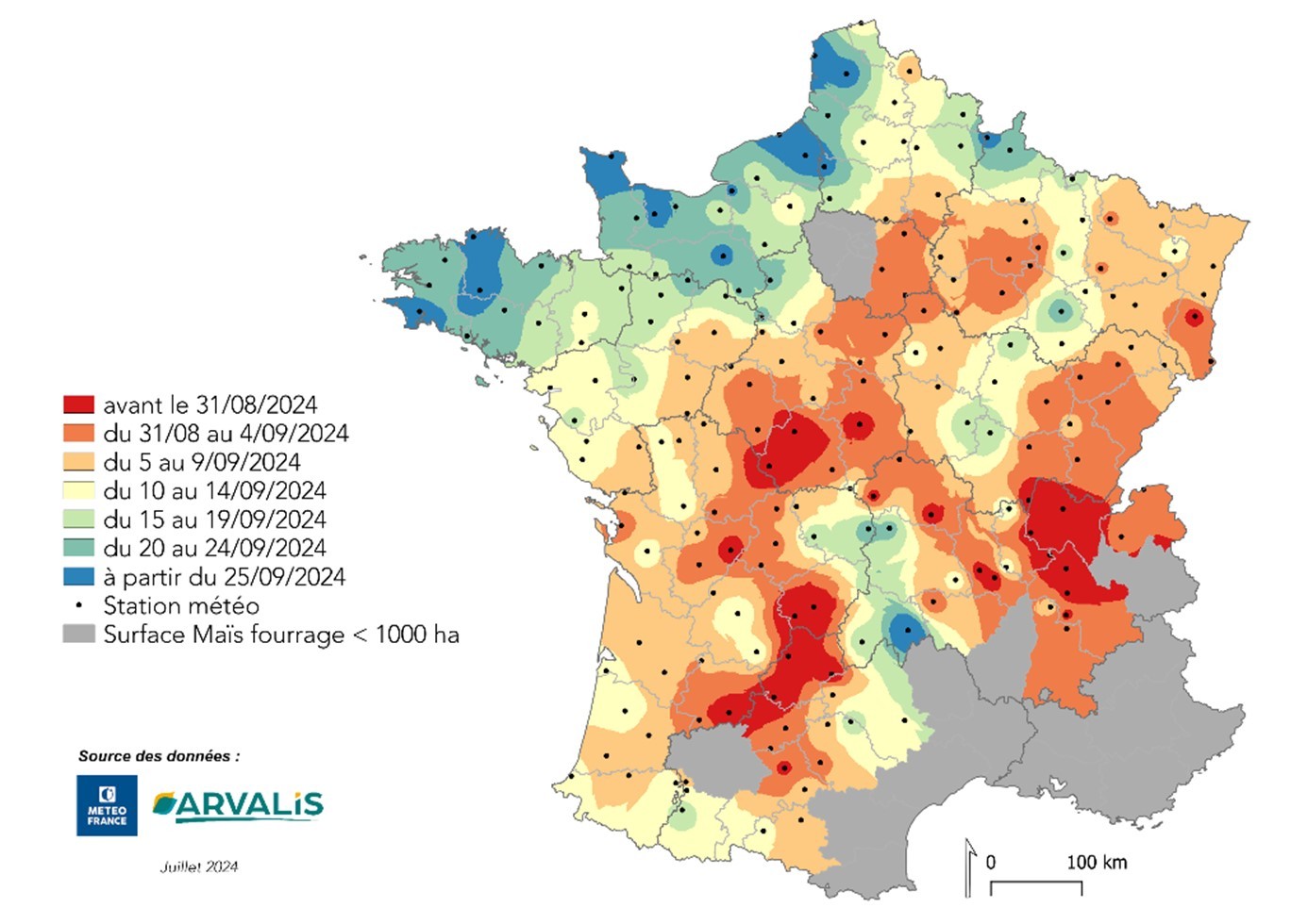 Les estimations de dates optimales de récolte de cette année, représentées sous forme de carte par Arvalis.