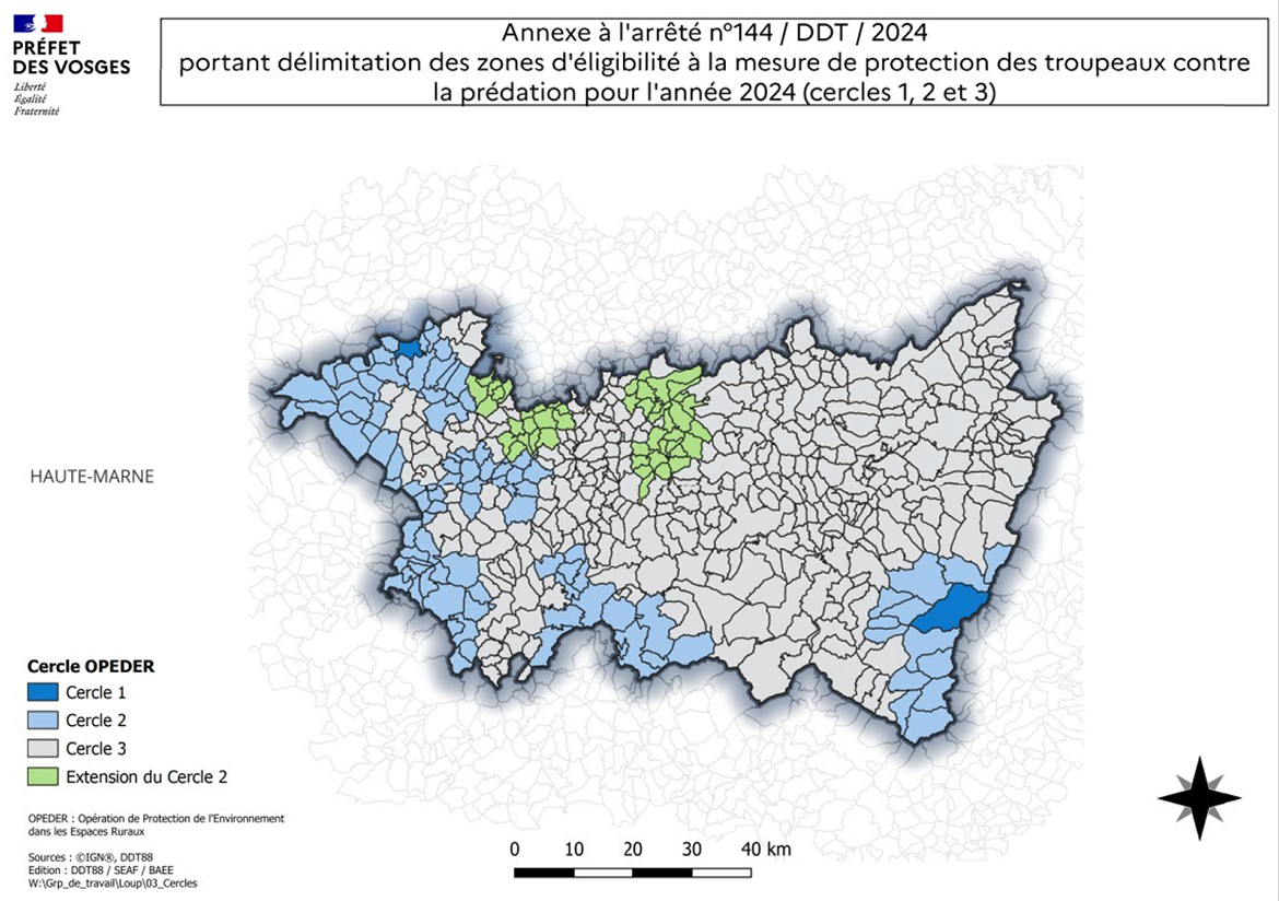 Cartographie des zones d'éligibilité 2024 protection des troupeaux contre la prédation. DDT88 / SEAF / BAEE