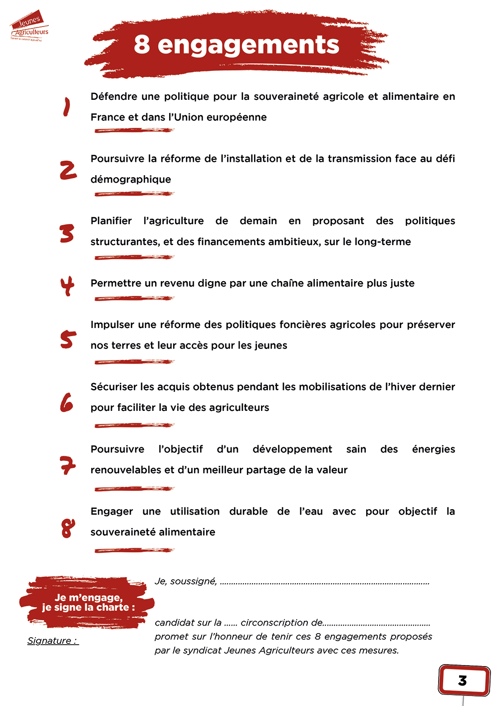 Les 8 engagements de la charte proposée par Jeunes Agriculteurs pour les élections législatives anticipées.