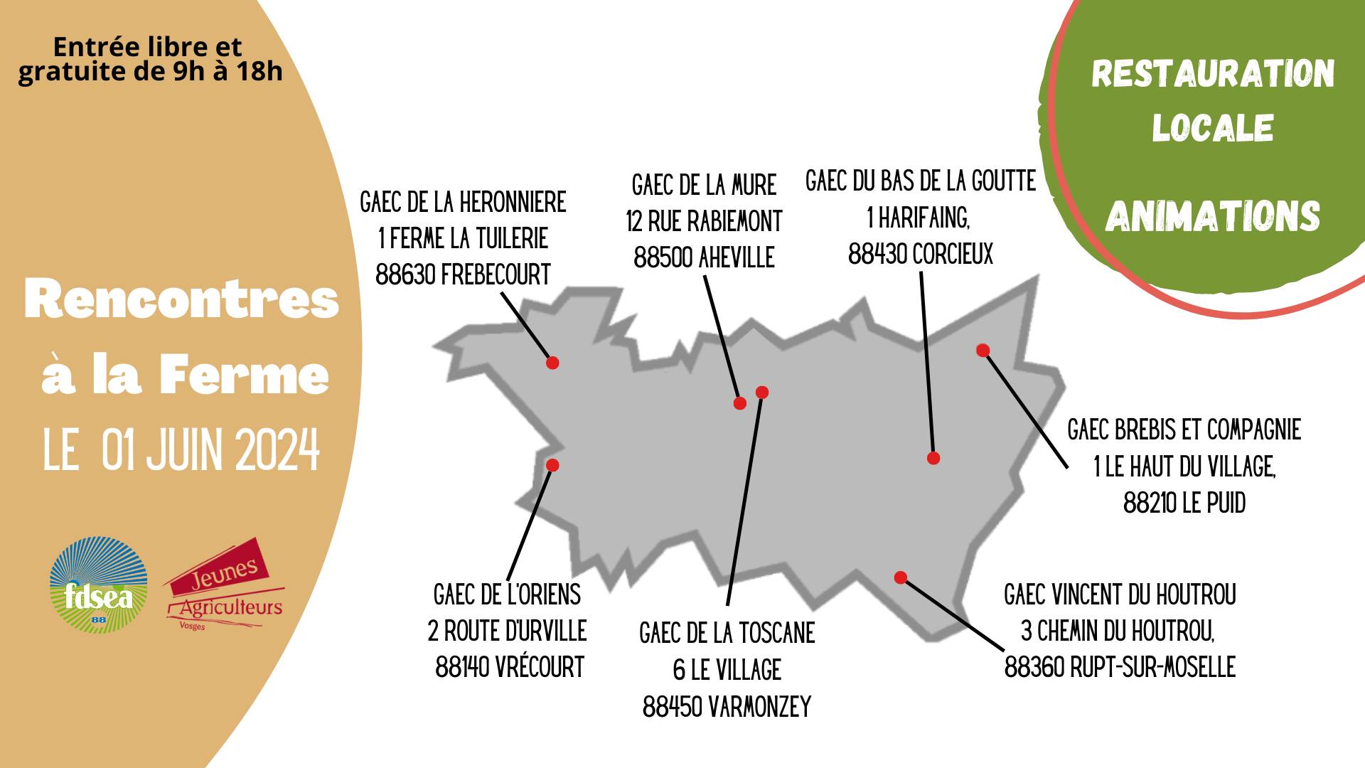 Cartes des 7 fermes vosgiennes qui accueillent les Rencontres à la ferme en 2024. (c) FDSEA