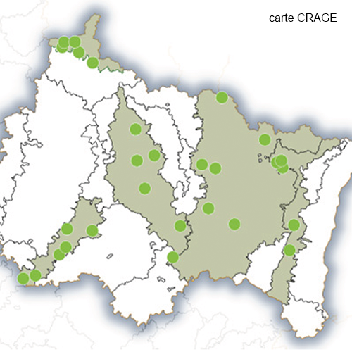 Carte Grand Est des régions fourragères et des sites suivis dans le cadre de l’Onph en 2024. carte CRAGE